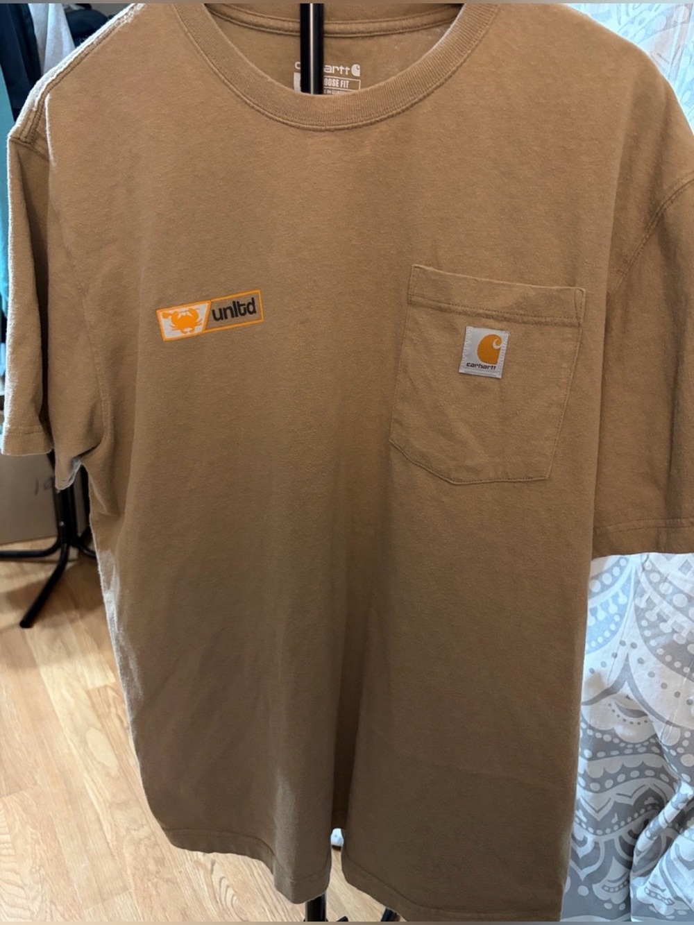 Carhartt Men’s Tan Short-Sleeve Hard Work Pays Off Pocket Tee with Patch Logos